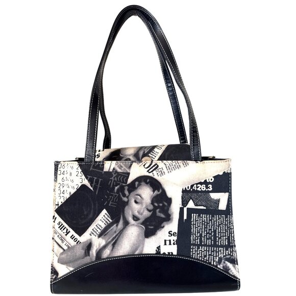 Vintage-Pin Up Inspired Black & White Newspaper Print Handbag With Double Handle - Picture 1 of 10